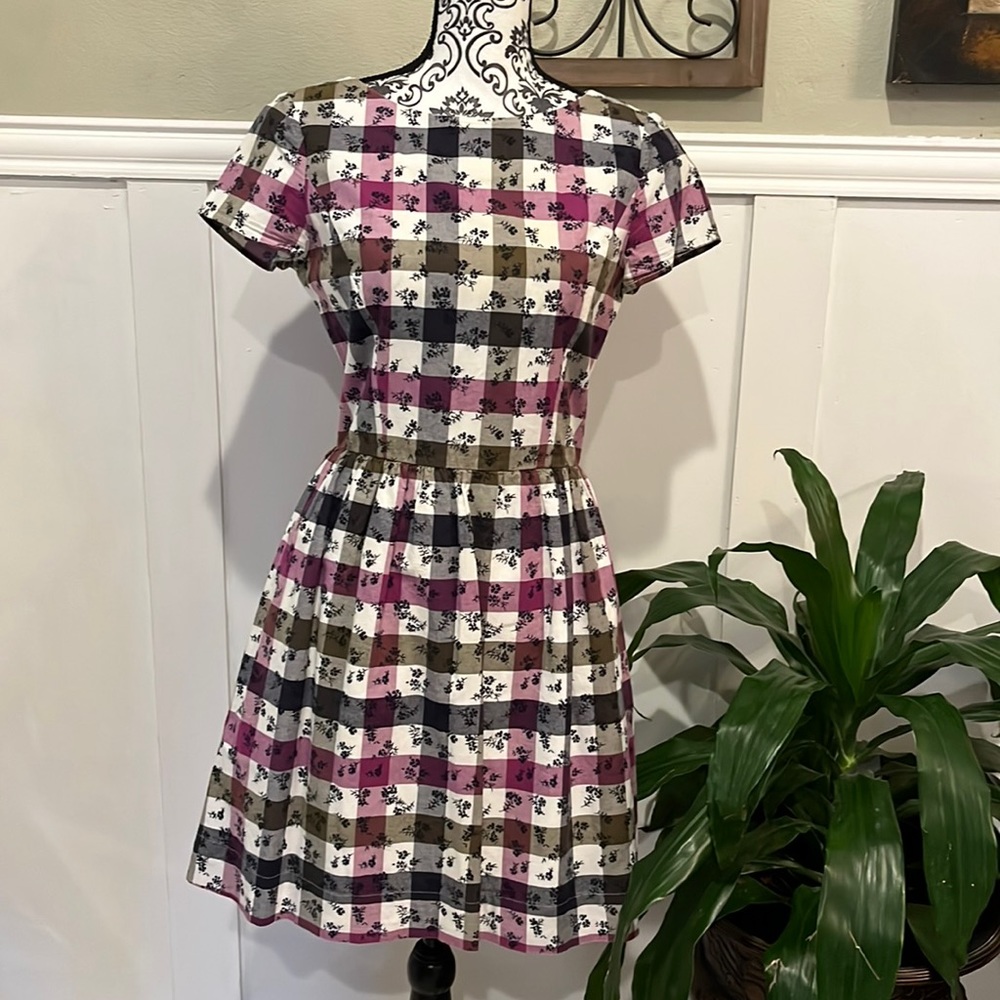 Brooks Brothers floral plaid check dress sz 4 black purple white pockets